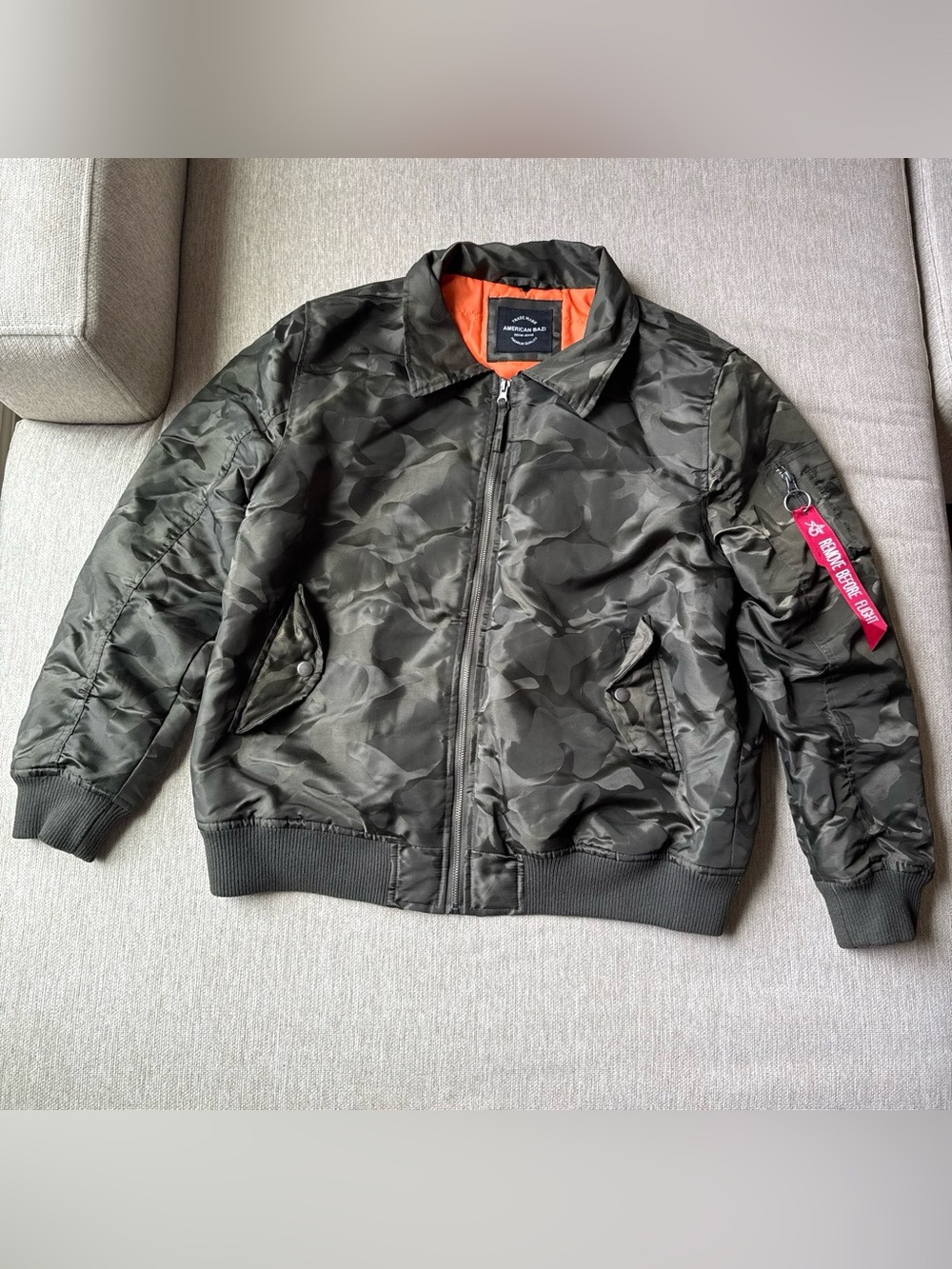 Oversized Camo Bomber Jacket with Orange Lining